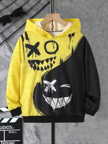 1件套青少年男孩帽衫帶毛線圖案,顏色區塊,秋季款式 - 黃色 - 查看 1