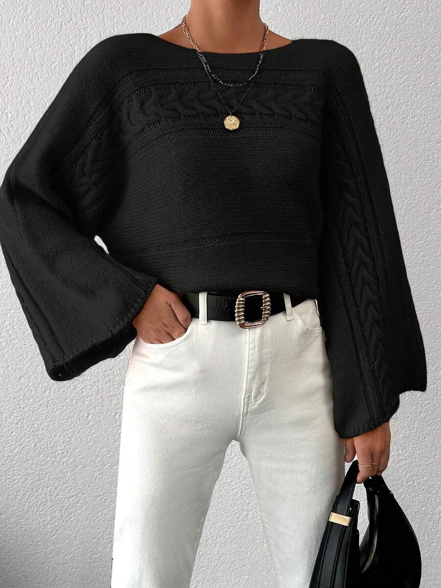 EURMUSE Women's Solid Color Batwing Sleeve Sweater - Black - View 1