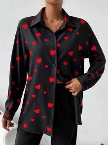 Chiquease Loose Heart Print Drop Shoulder Blouse - Black - View 5