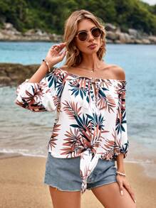 SHEIN VCAY Blusa Con Hombros Descubiertos Y Estampado Tropical Para Mujer - Multicolor - Ver 3