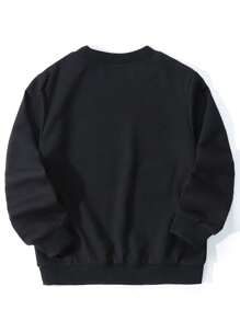 SHEIN 年轻男孩休闲字母与旗帜印花长袖运动衫 - 黑色 - 查看 2