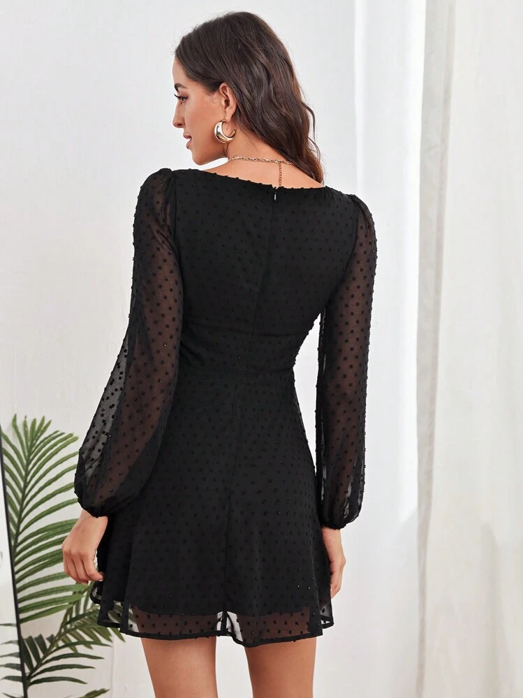 shein ruched bust lantern sleeve swiss dot dress SHEIN Privé Ruched Bust Lantern Sleeve Swiss Dot Dress