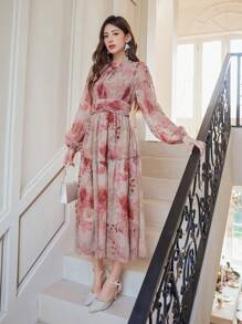 DAZY Đầm nữ in hoa, đầm hoa xếp nếp, đầm tay dài mùa thu, đầm lễ Phục sinh - Hồng - Xem 11