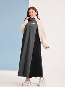 Mulvari Kích thước lớn Màu sắc Chặn Ống cổ Raglan Tay áo dài Đầm - Màu xám đen - Xem 4