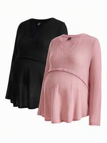 Modmama Maternity Solid Color Notch Collar T-Shirt