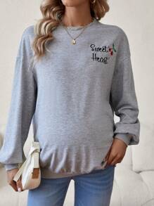 SHEIN Maternity Letter Embroidered Round Neck Drop Shoulder Sweatshirt, For Winter - Grey - View 1