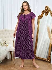 Camisón de noche con estampado de lunares y encaje talla grande, vestido largo - Morado - Ver 1