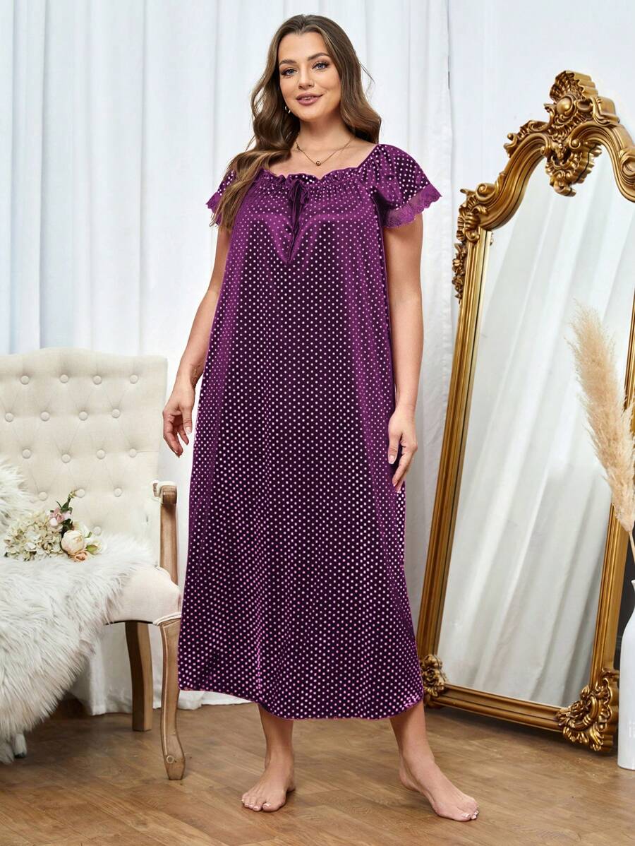 Camisón de noche con estampado de lunares y encaje talla grande, vestido largo - Morado - Ver 1