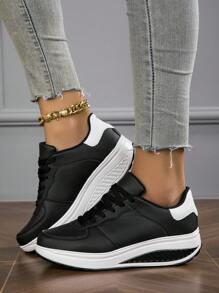 Fall/Winter Women's Breathable Comfortable Athletic Shoes With Wedge Heel, Thick Sole, And Lace-Up Design,Sneakers For Women - Black and White - View 3