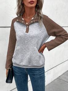 SHEIN LUNE 連結半門襟拼色插肩袖運動衫 - 咖啡棕 - 查看 5