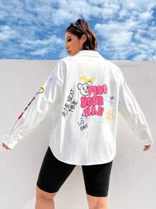 SHEIN EZwear 大码女式字母印花梭织衬衫 - 白色 - 白色 - 查看 4