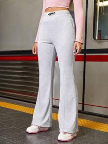 SHEIN Sports Pantalón Deportivo Acampanado Con Bolsillos Inclinados Para Mujer - Gris Claro - Ver 3