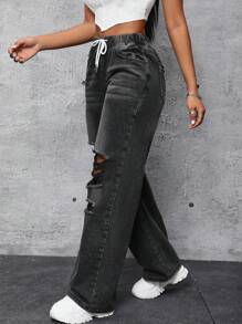 SHEIN Women's Distressed Drawstring Waist Denim Pants - Grey - View 4
