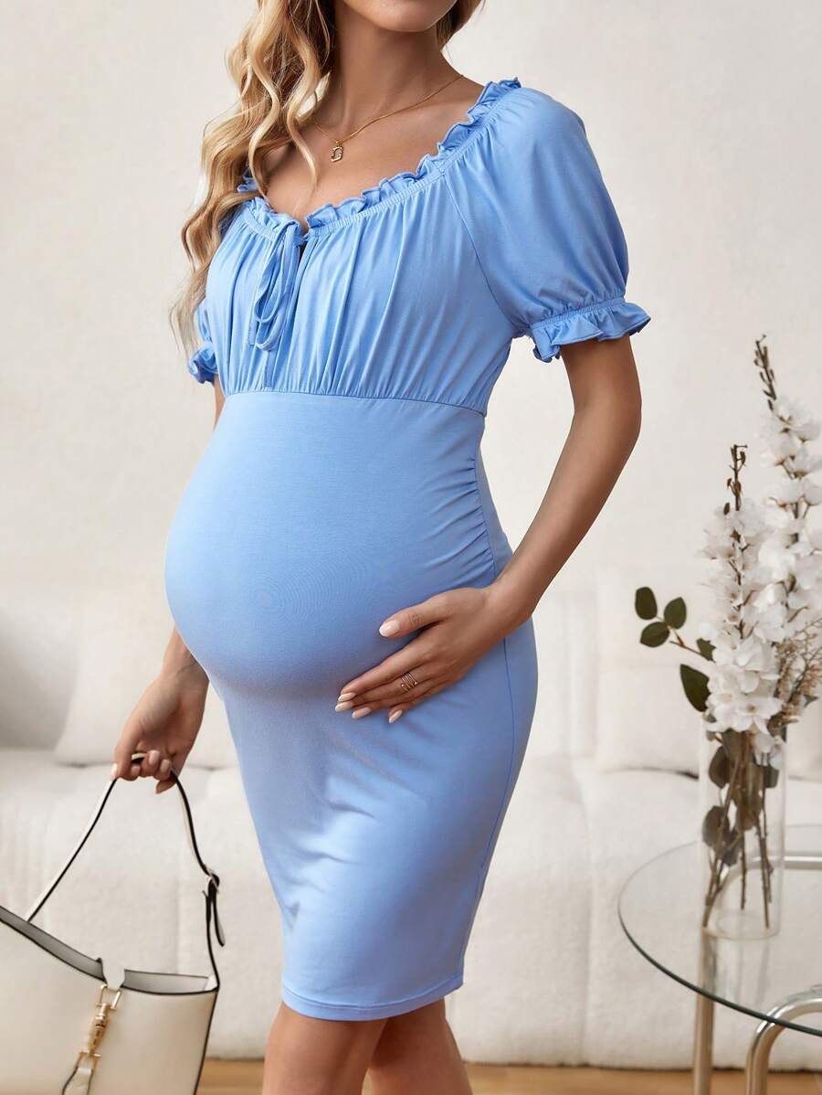 SHEIN 孕妇荷叶边装饰心形领口连衣裙 - 藍色 - 查看 1