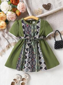 SHEIN Baby Girl New Summer Fashion Splicing Geometric Print Casual Simple Short-Sleeved Dress Suitable For Vacation - Multicolor - View 1