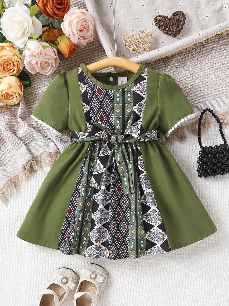 Baby Girl New Summer Fashion Splicing Geometric Print Casual Simple Short-Sleeved Dress Suitable For Vacation