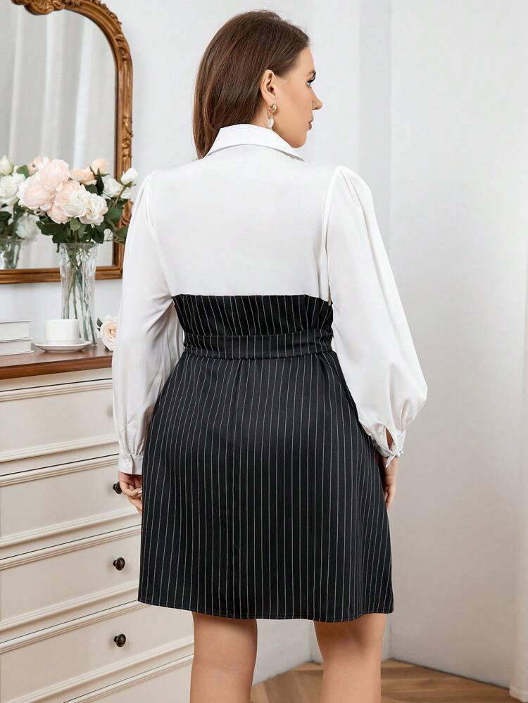 Plus Size Elegant Contrast Color Two-In-One Striped Shirt Dress