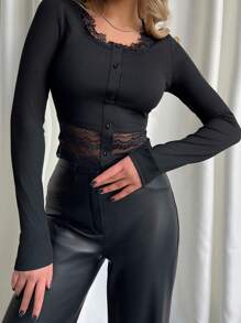 SHEIN Privé Women's Patchwork Lace T-Shirt - Black - View 6