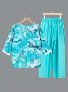 EMERY ROSE Plus Dragonfly Print Top & Pants - Baby Blue - View 2