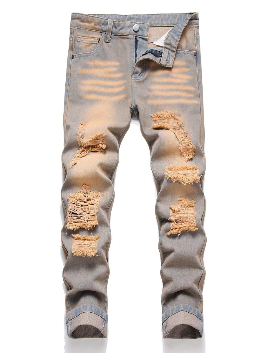 Men'S Vintage Washed Ripped Jeans - Medium Wash - View 1