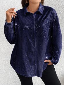 SHEIN LUNE Plus Size Long Sleeve Sequin Shirt - Navy Blue - View 1