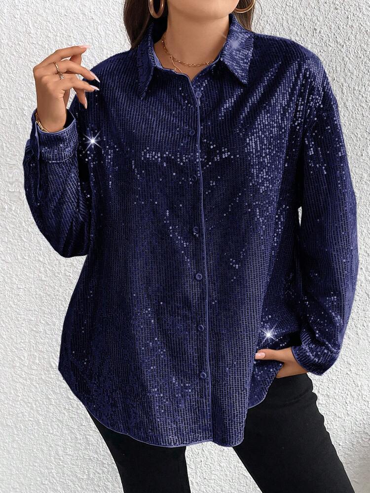 Plus Size Long Sleeve Sequin Shirt