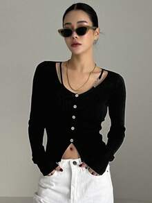 DAZY Women's Black Solid Color Hollow Slim Cardigan - Black - View 5