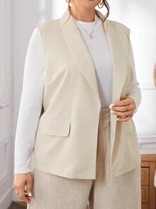 SHEIN Privé Plus Size Solid Elegant Sleeveless Blazer Jacket - Khaki - View 3