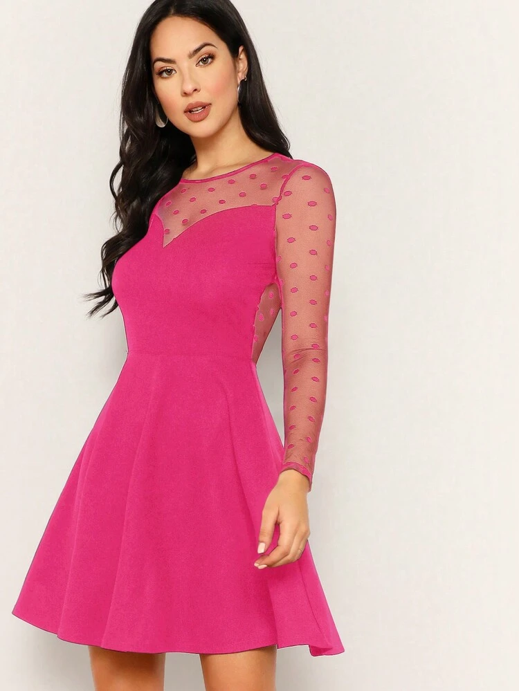 Women's Contrast Mesh Long-Sleeved Waist Dress
