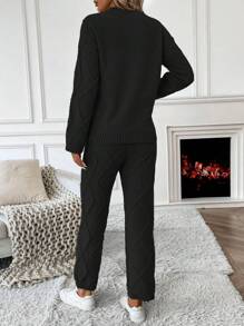 EMERY ROSE Women's Stand Collar Long Sleeve Sweater And Sweater Pants Two Piece Set - Black - View 2