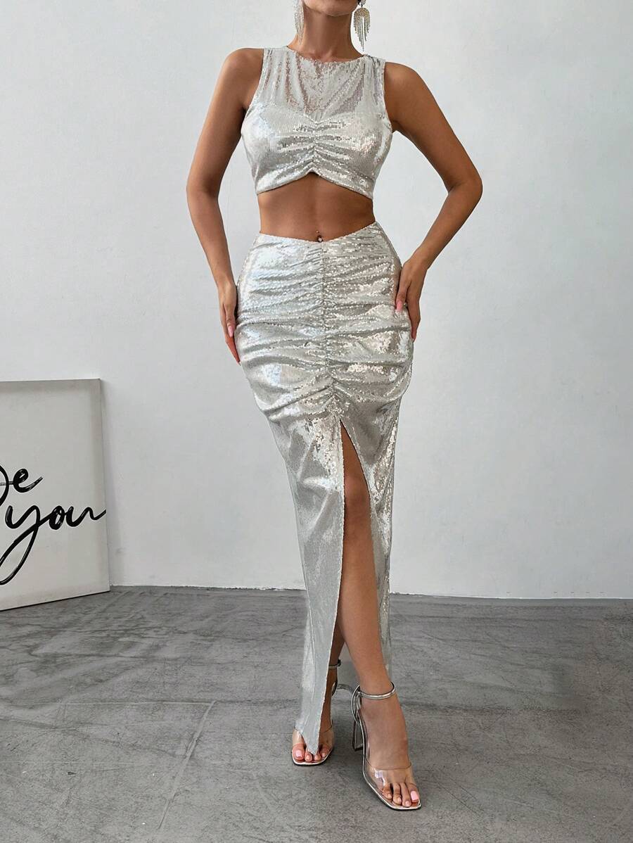 EURMUSE Women'S Sequin Two-Piece Set - Silver - View 1