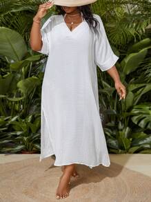 Slaydiva Summer Beach Plus Size 1pc V-Neck Batwing Sleeve Slit Side Cover Up Dress Wedding - White - View 6