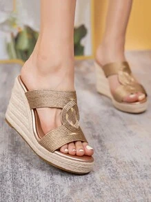 Women Metallic Espadrille Wedge Slide Sandals, Vacation Summer Sandals - Champagne - View 1