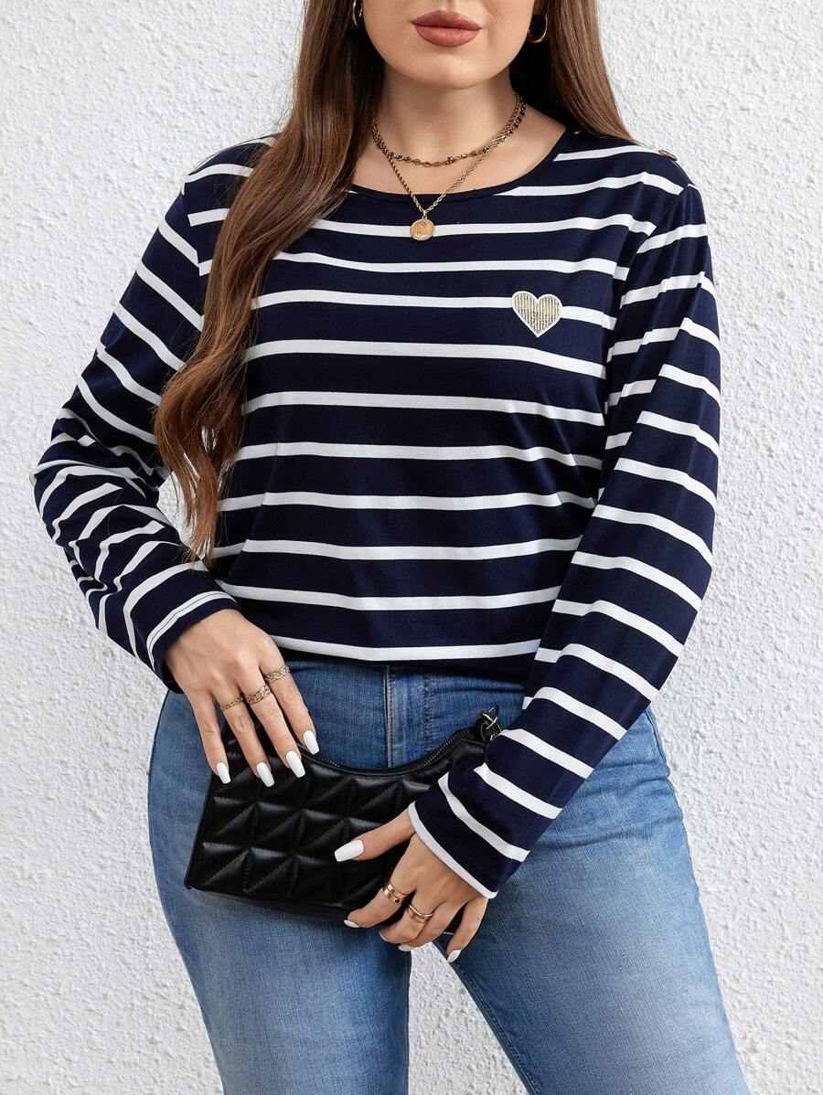 SHEIN Frenchy Camiseta De Rayas Bordada Con La Palabra 'love' Para Mujeres De Talla Grande - azul real - Ver 1