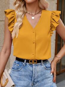 SHEIN Clasi Women's V-Neck Striped Shirt With Flutter Sleeves Shirts Summer Women Shirts - Yellow - View 5