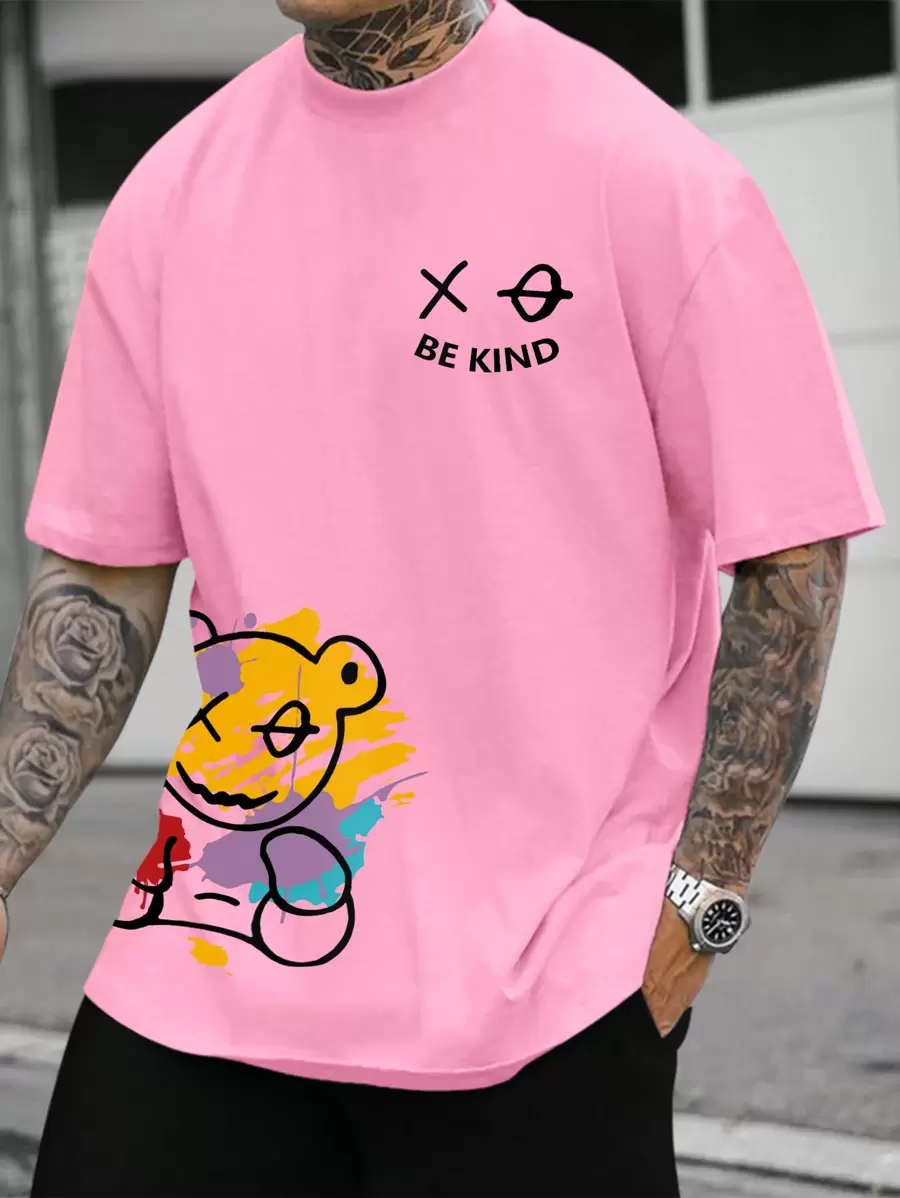 Manfinity Homme Men's Cartoon Letter Print T-Shirt, 2000s Style - Pink - View 1