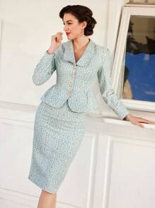 SHEIN DECDS 女士花織單排釦西裝外套和a字裙套裝 - 綠色 - 查看 7