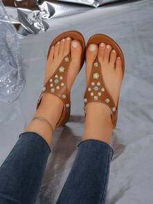 女款平底涼鞋夏季丁字褲串珠圓頭大尺碼棕色時尚百搭平底涼鞋 - 棕色 - 查看 2