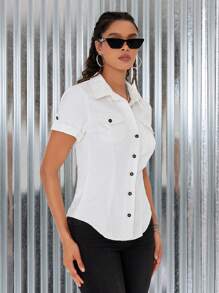 SHEIN Privé Women's Waisted Short Sleeve Denim Shirt - White - View 3