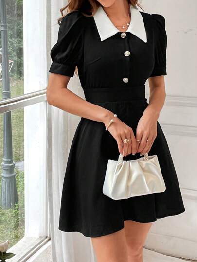 SHEIN Privé 女款拼色扣環細節腰部收緊連身裙