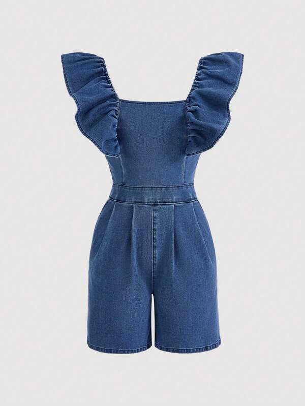 SHEIN MOD Women's Ruffled Denim Romper