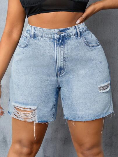 SHEIN SXY Women'S Plus Size Ripped Denim Shorts