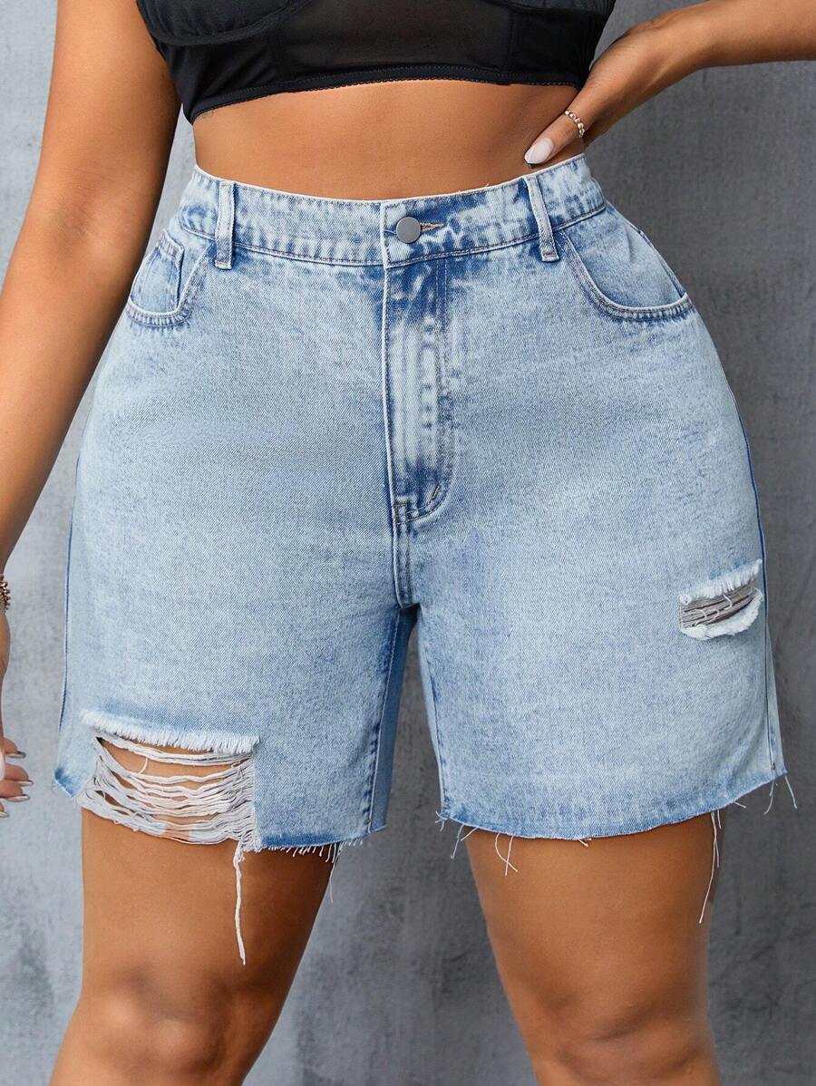SHEIN SXY Women'S Plus Size Ripped Denim Shorts - Light Wash - View 1
