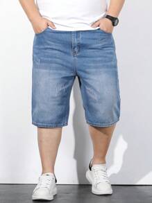 Manfinity Homme Men'S Plus Size Whiskered Straight Denim Shorts - Blue - View 6