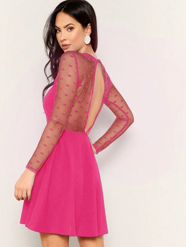 Women's Contrast Mesh Long-Sleeved Waist Dress