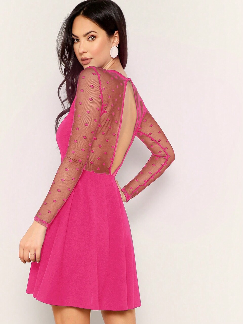 Women's Contrast Mesh Long-Sleeved Waist Dress