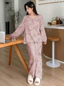 DAZY Women's Plant Print Long Sleeve Pajamas Set