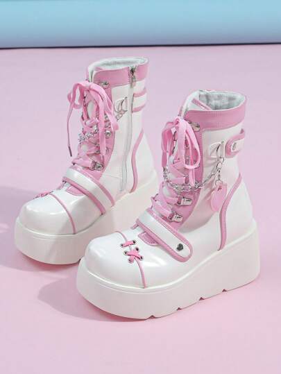 Kawaii 2024 Ladies' New Spring And Autumn Style Round Toe Cute Pink Heart Detail Punk Chunky Heel & Thick Sole Fashion Ankle Boots