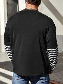 SHEIN Manfinity Homme Men's Plus Size Striped Patchwork Long Sleeve T-Shirt - Black - View 2