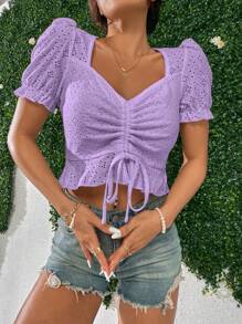 Breezaya Cổ Trái tim Ngắn tay Dây đeo thêu Quần skinny Áo thun - Màu tím - Xem 4